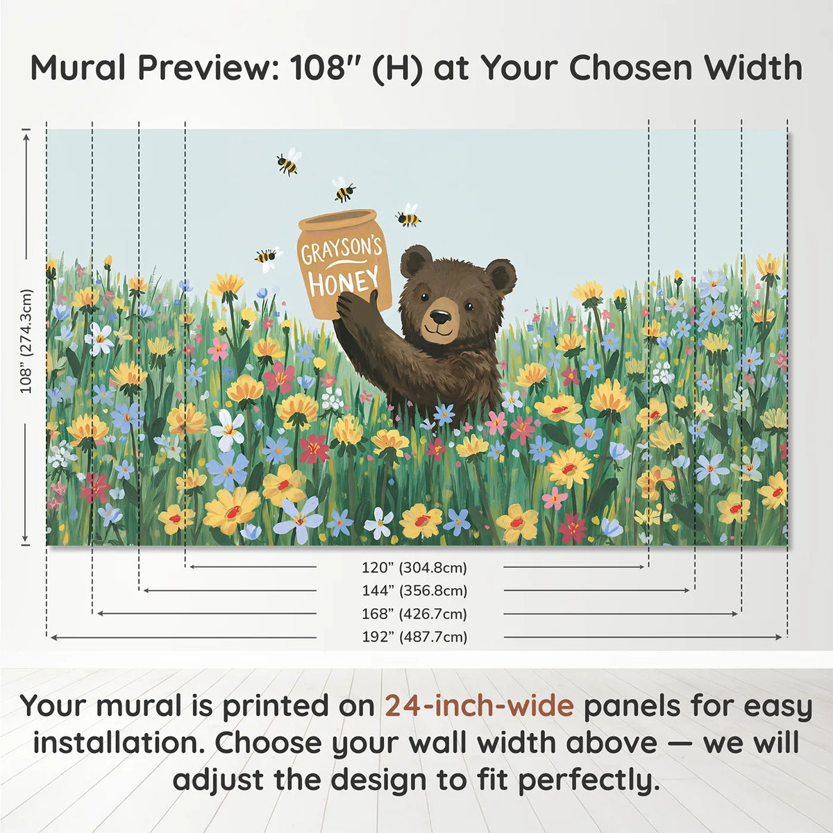 Panel layout and dimensions for Honey Bear Pot Personalized Wall Mural by Whimsy Tots