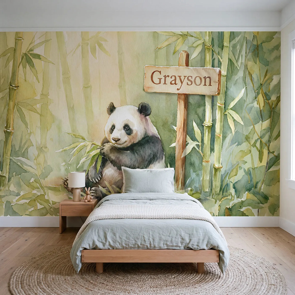 Watercolor giant panda personalized wall mural with bamboo name sign for nursery by Whimsy Tots