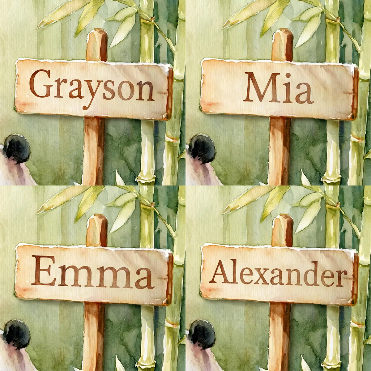 Four name preview examples of Giant Panda Bamboo Personalized Wall Mural by Whimsy Tots