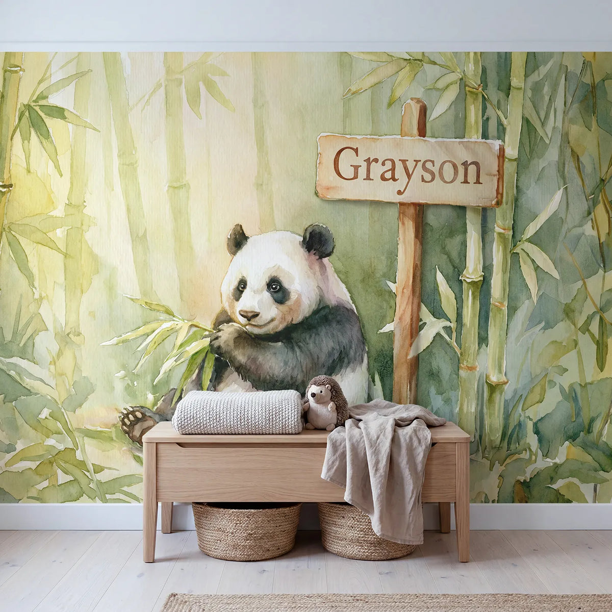 Giant Panda Bamboo Personalized Wall Mural in playroom setting by Whimsy Tots