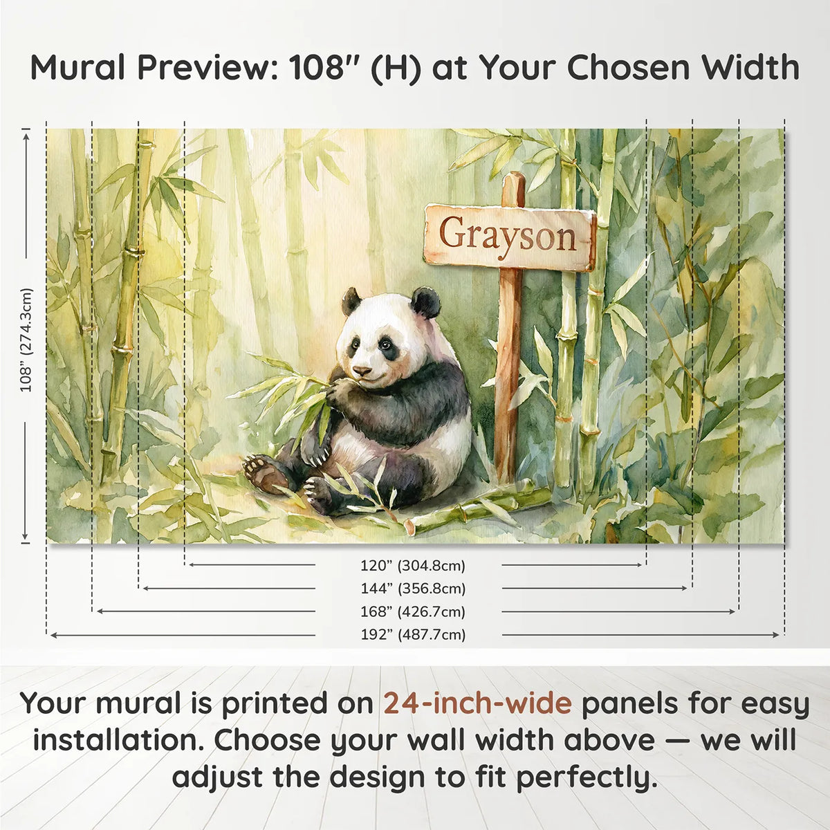 Panel layout and dimensions for Giant Panda Bamboo Personalized Wall Mural by Whimsy Tots