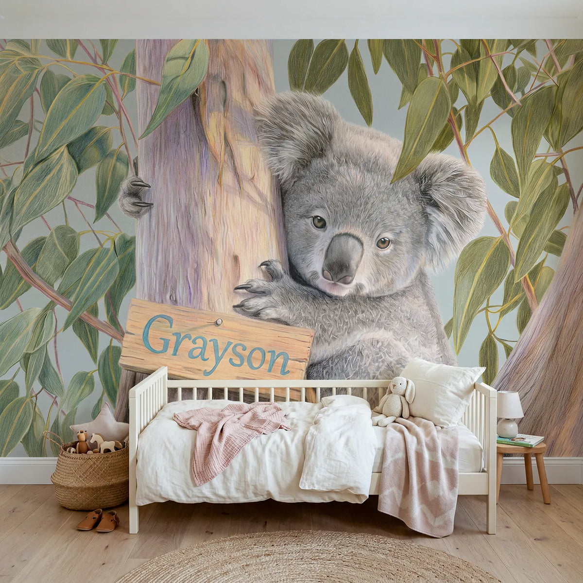 Colored pencil koala personalized wall mural with trunk name sign for toddler room by Whimsy Tots
