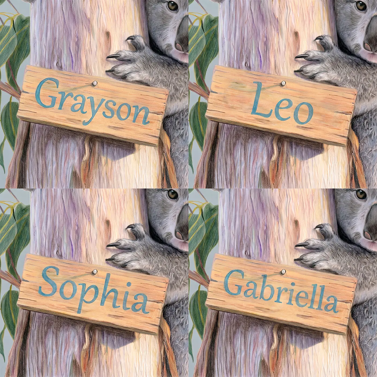 Four name preview examples of Cuddly Koala Tree Personalized Wall Mural by Whimsy Tots