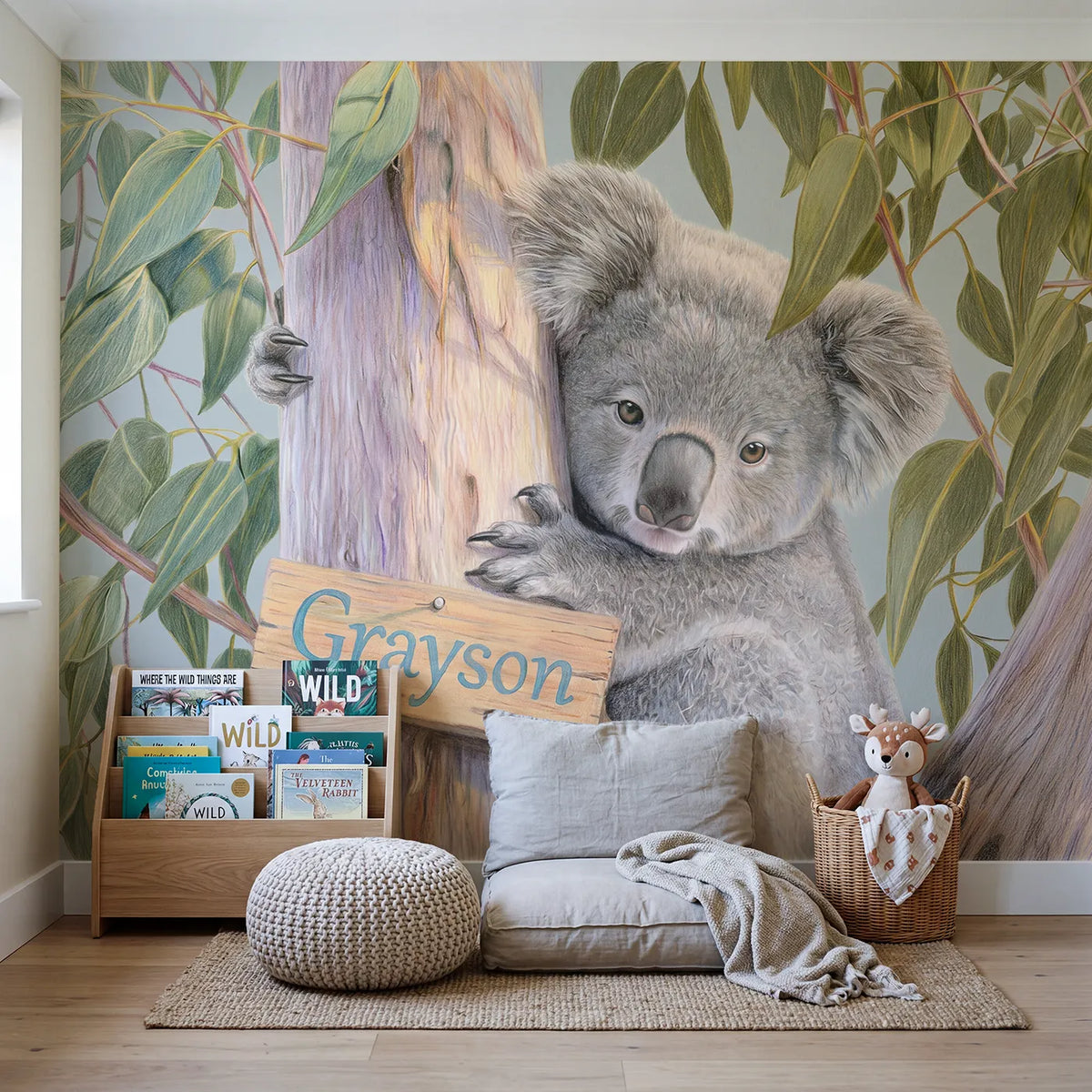 Cuddly Koala Tree Personalized Wall Mural in playroom setting by Whimsy Tots