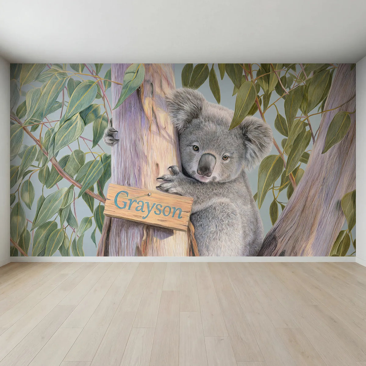 Full view of Cuddly Koala Tree Personalized Wall Mural by Whimsy Tots