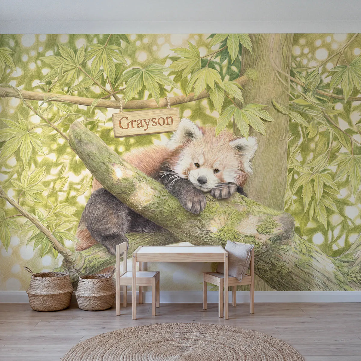Colored pencil red panda personalized wall mural with hanging name sign for playroom by Whimsy Tots
