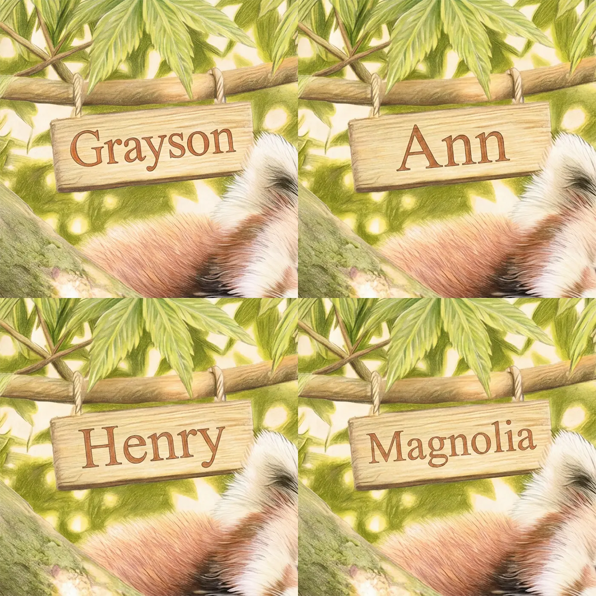 Four name preview examples of Fluffy Red Panda Personalized Wall Mural by Whimsy Tots
