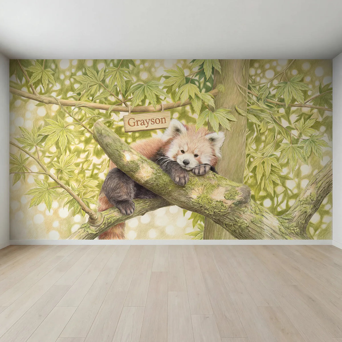 Full view of Fluffy Red Panda Personalized Wall Mural by Whimsy Tots