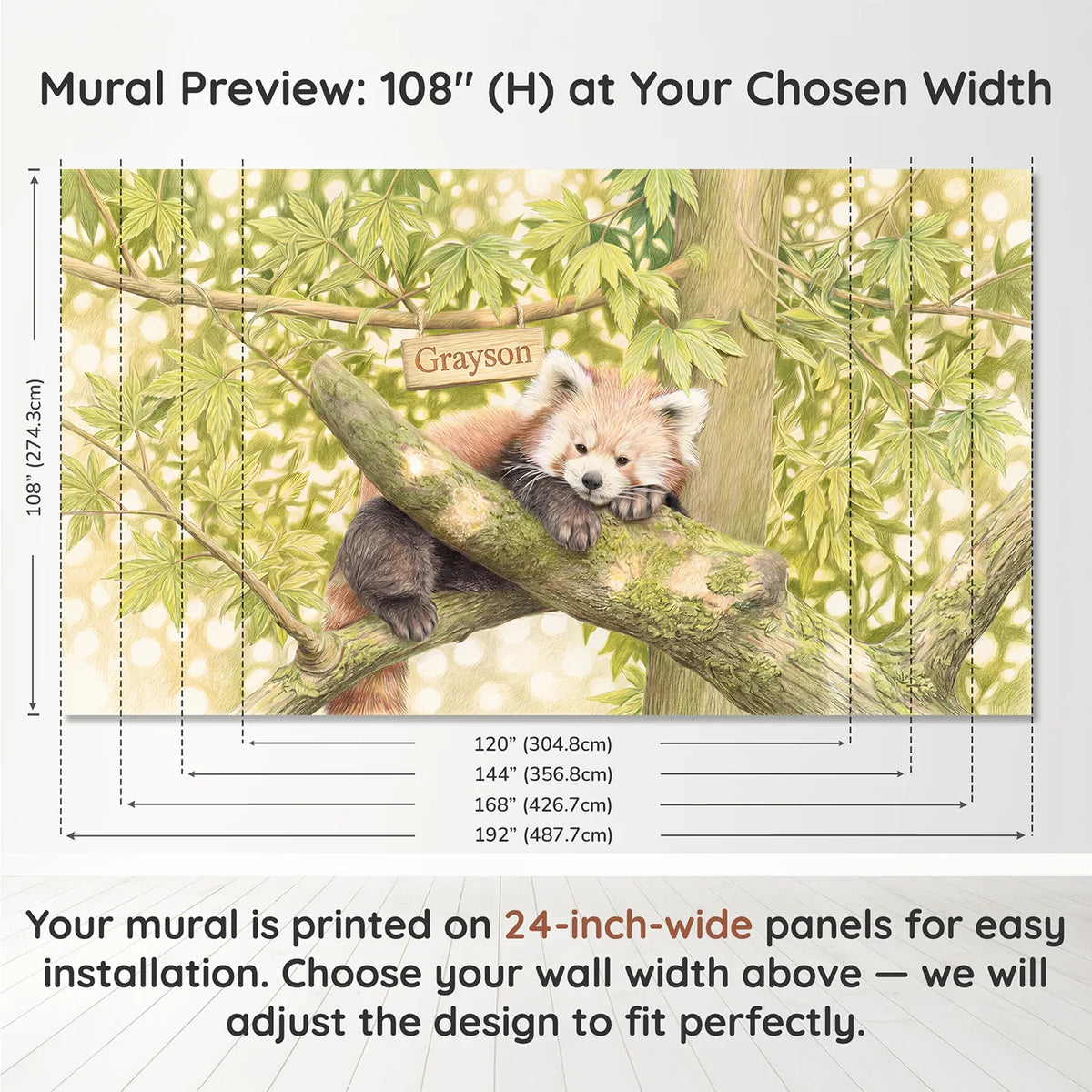Panel layout and dimensions for Fluffy Red Panda Personalized Wall Mural by Whimsy Tots