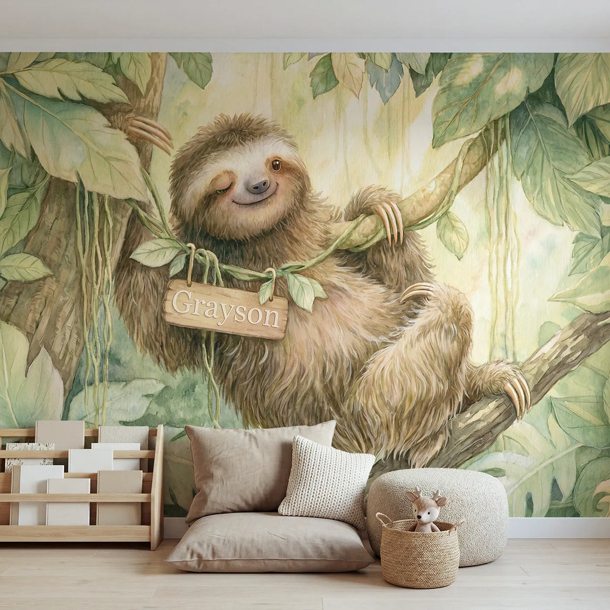 Storybook sloth personalized wall mural with hanging vine name sign for kids room by Whimsy Tots