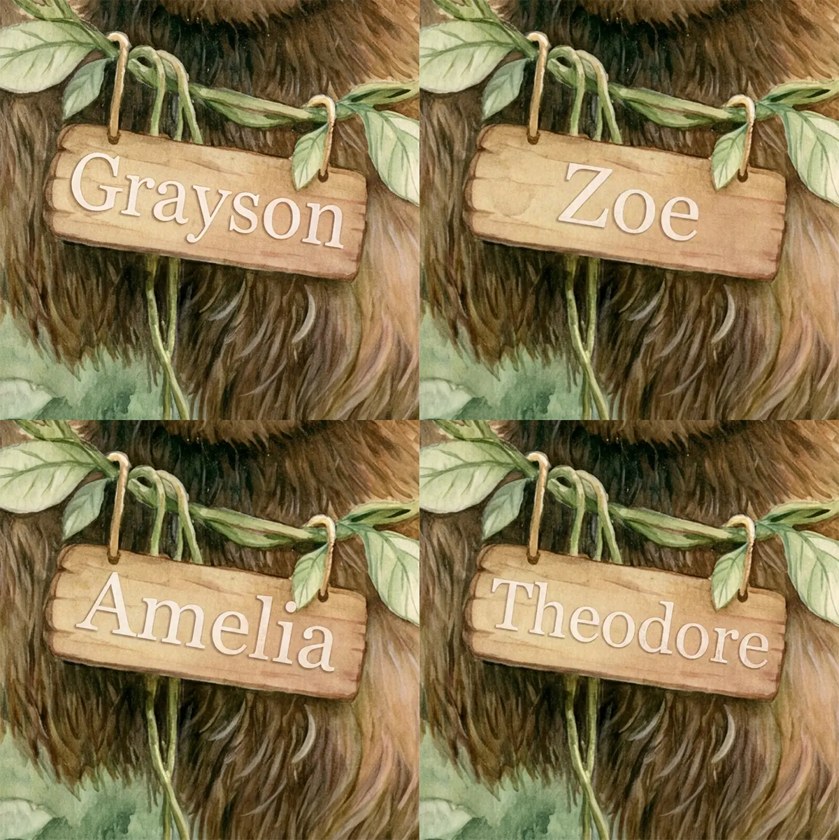 Four name preview examples of Happy Jungle Sloth Personalized Wall Mural by Whimsy Tots