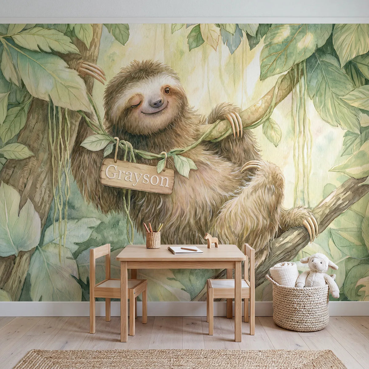 Happy Jungle Sloth Personalized Wall Mural in playroom setting by Whimsy Tots