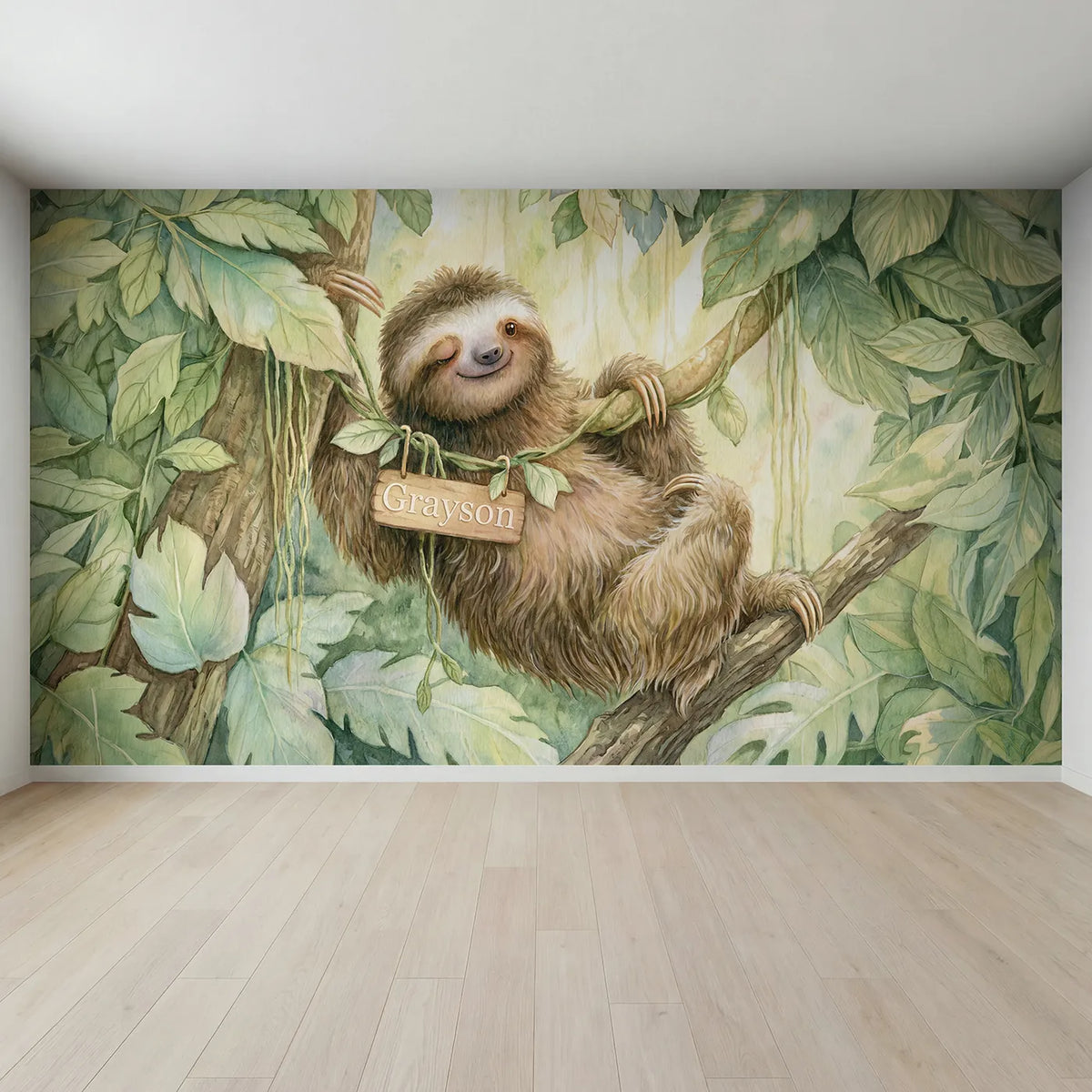 Full view of Happy Jungle Sloth Personalized Wall Mural by Whimsy Tots
