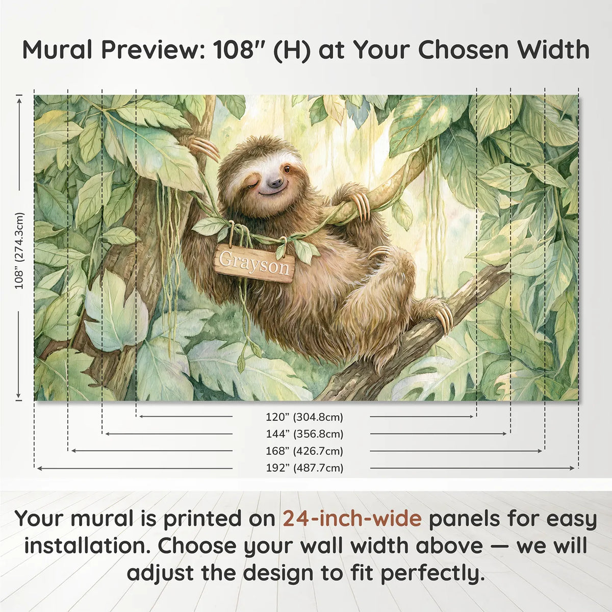 Panel layout and dimensions for Happy Jungle Sloth Personalized Wall Mural by Whimsy Tots