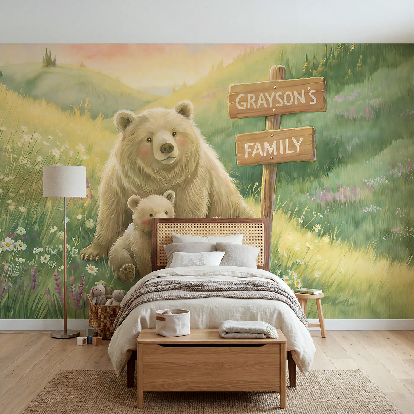 Storybook mama bear cubs personalized wall mural with name signpost for bedroom by Whimsy Tots