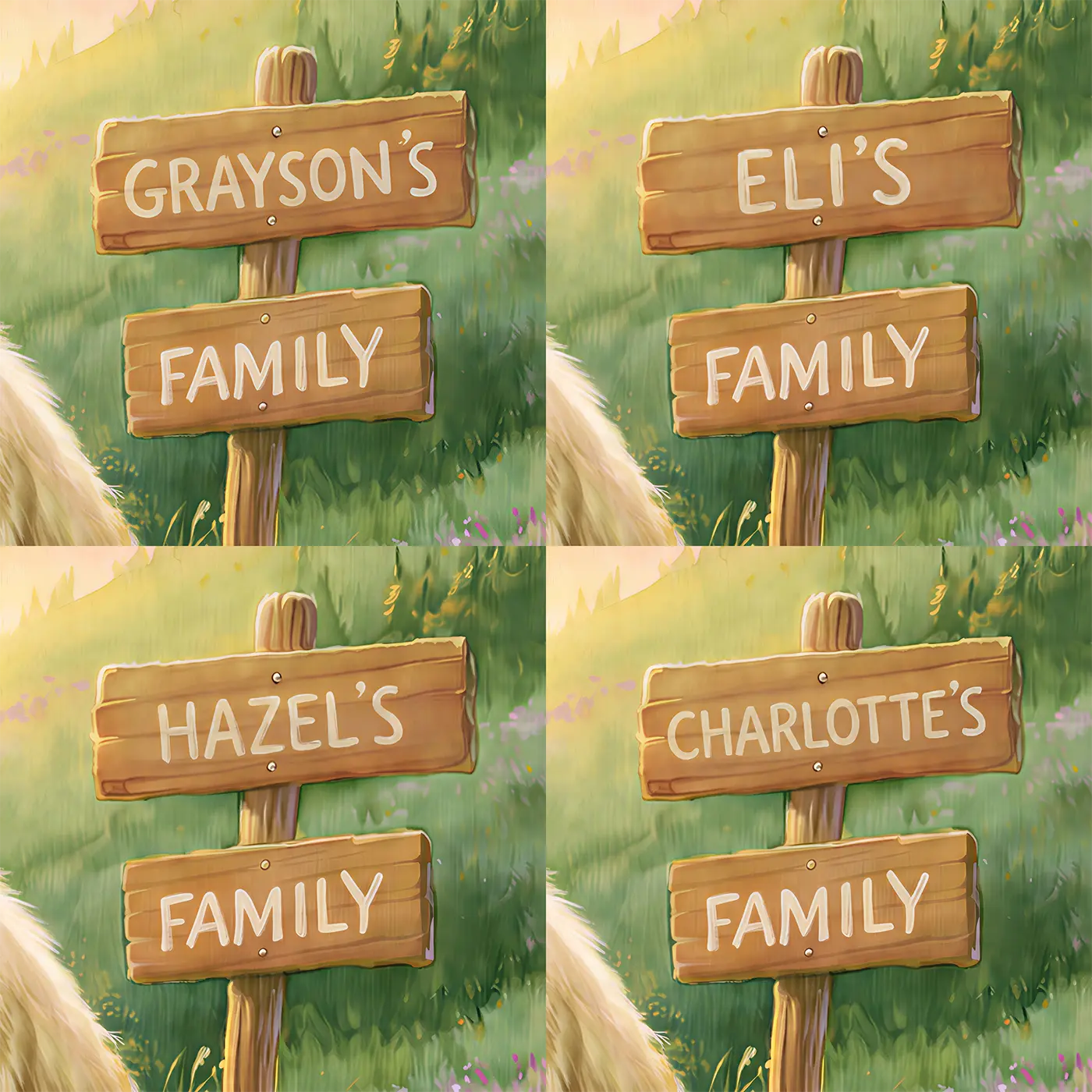 Four name preview examples of Bear Family Meadow Personalized Wall Mural by Whimsy Tots
