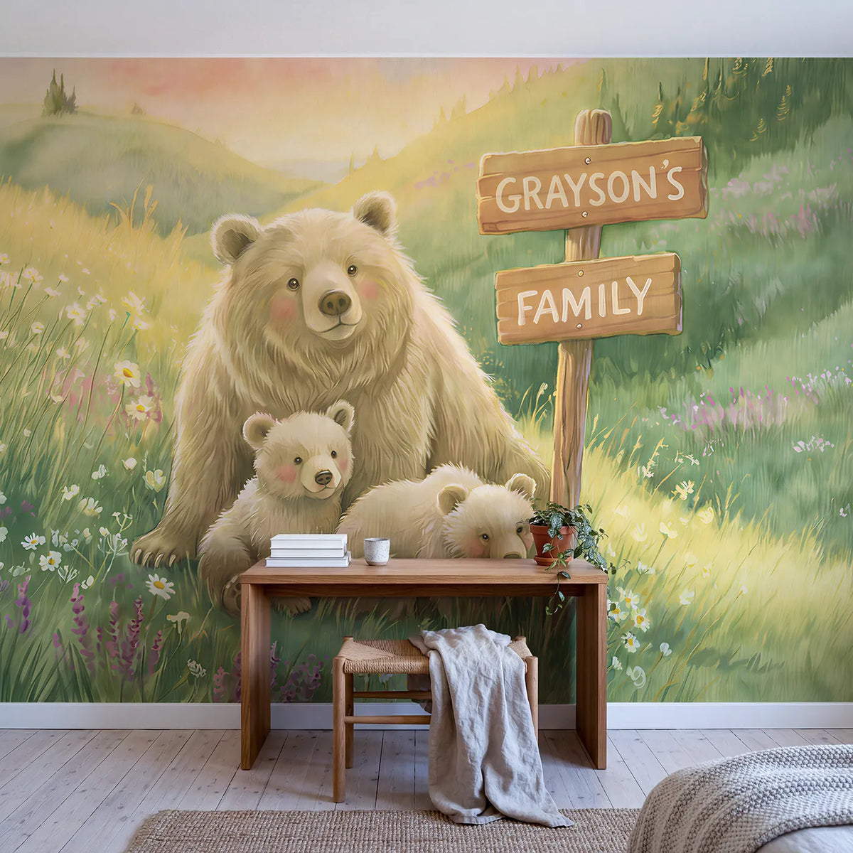 Bear Family Meadow Personalized Wall Mural in playroom setting by Whimsy Tots
