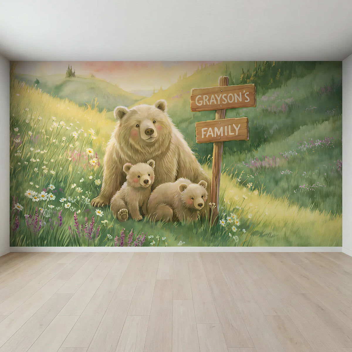 Full view of Bear Family Meadow Personalized Wall Mural by Whimsy Tots