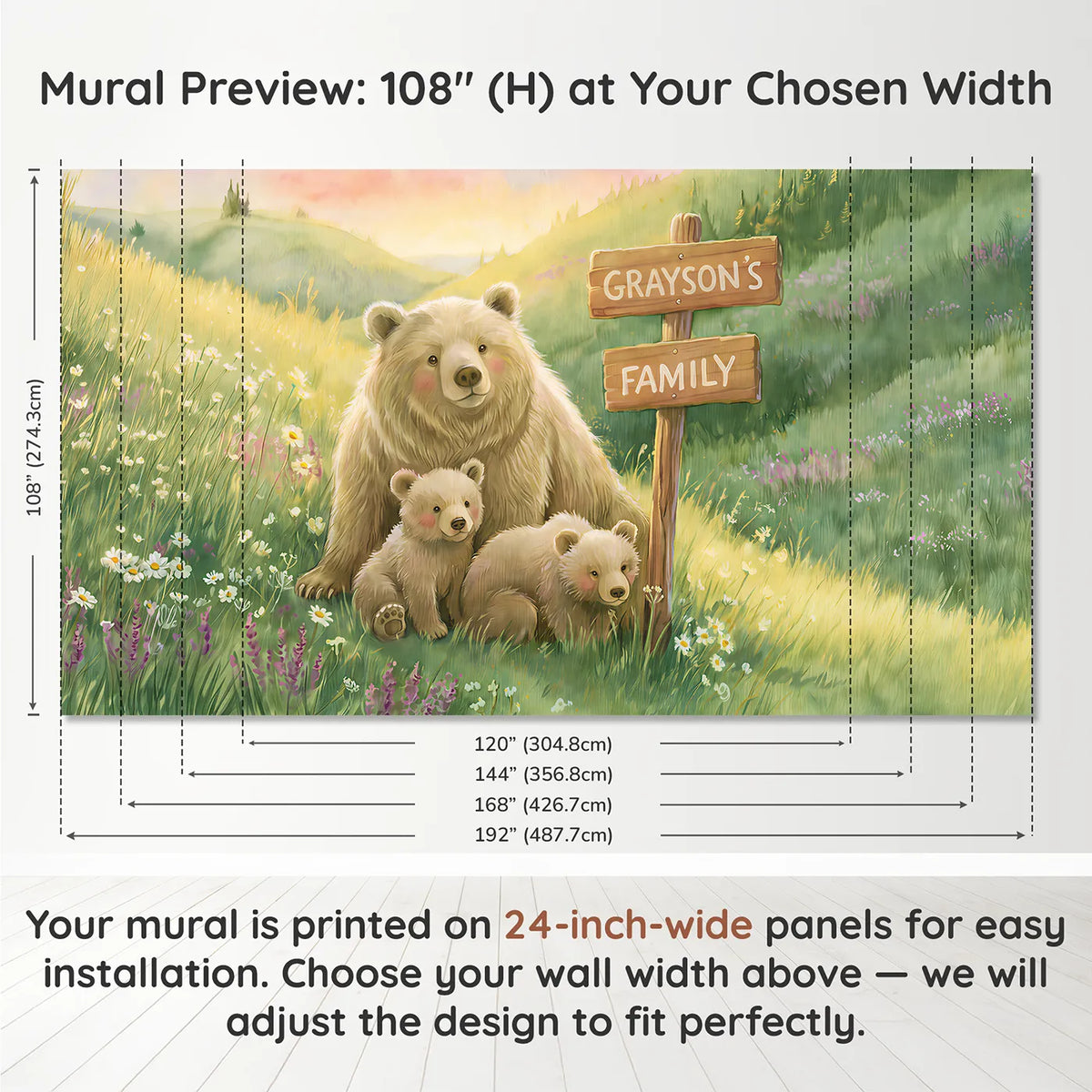 Panel layout and dimensions for Bear Family Meadow Personalized Wall Mural by Whimsy Tots