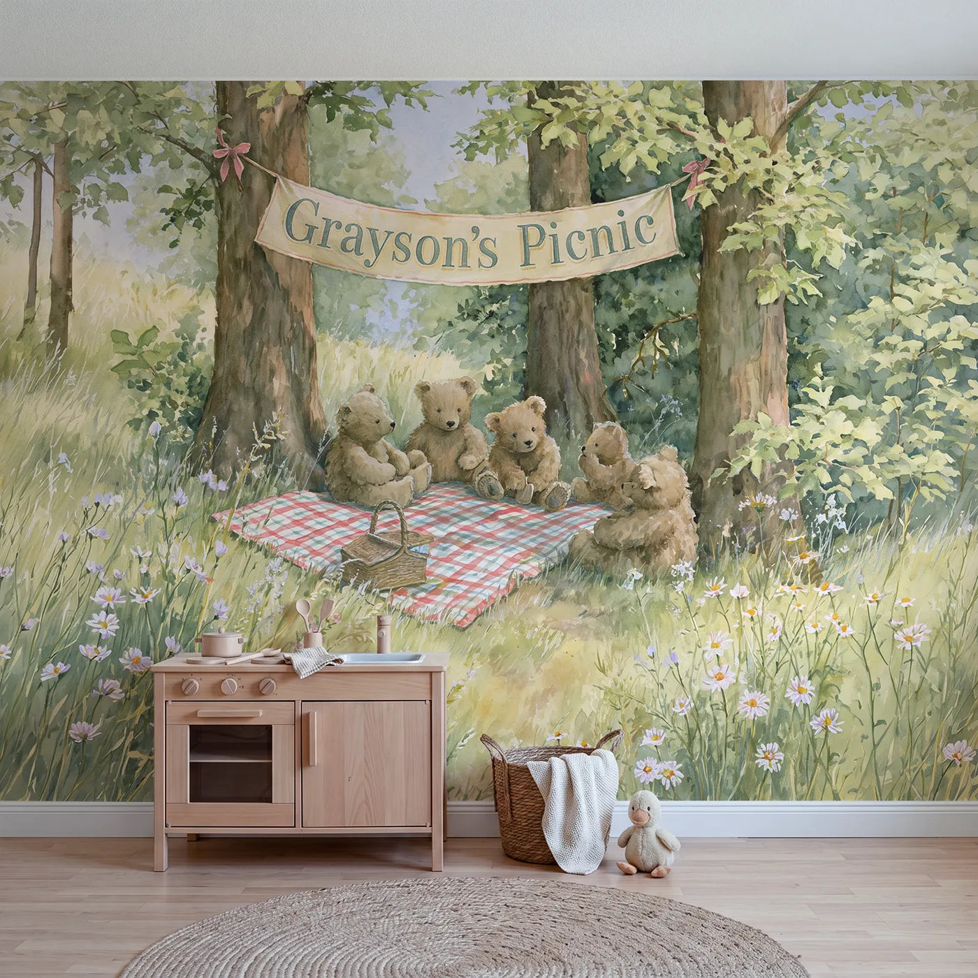 Storybook teddy bear picnic personalized wall mural with name banner for kids room by Whimsy Tots