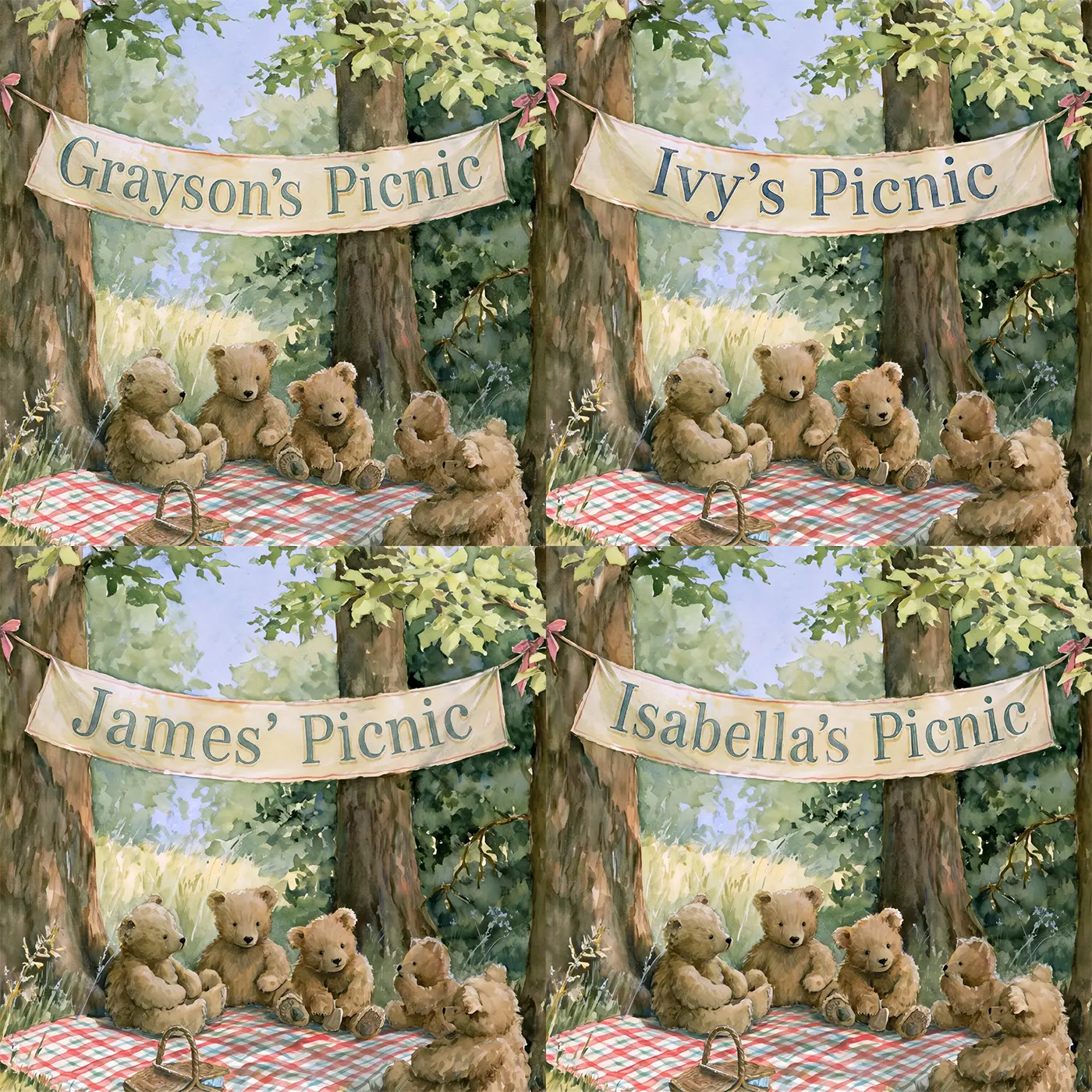 Four name preview examples of Teddy Bears Picnic Personalized Wall Mural by Whimsy Tots
