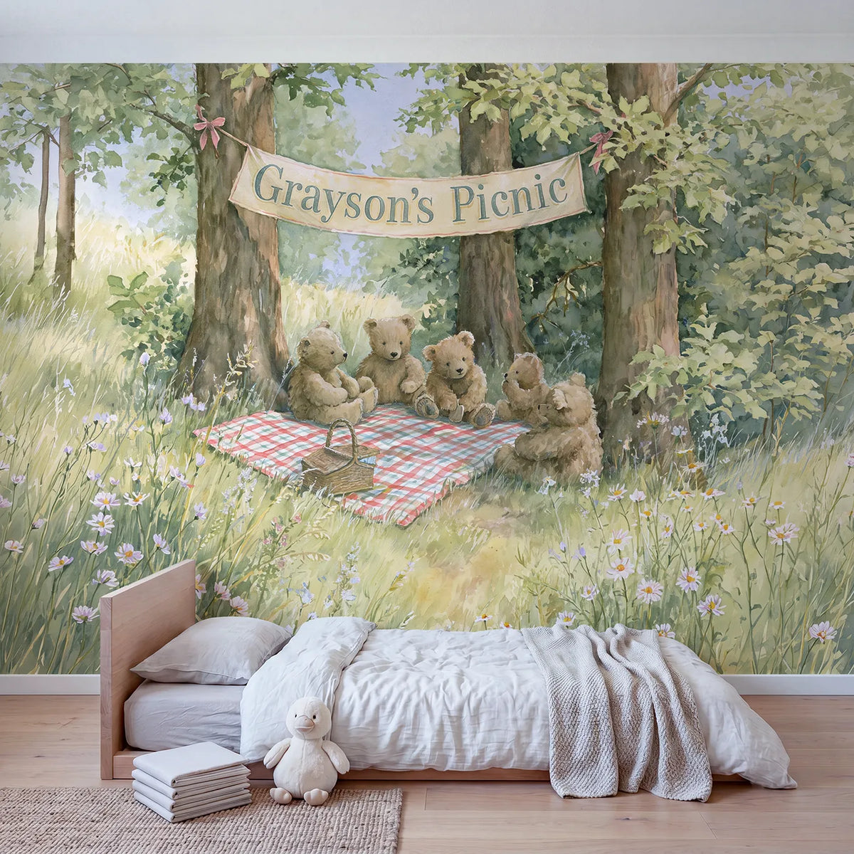 Teddy Bears Picnic Personalized Wall Mural in playroom setting by Whimsy Tots