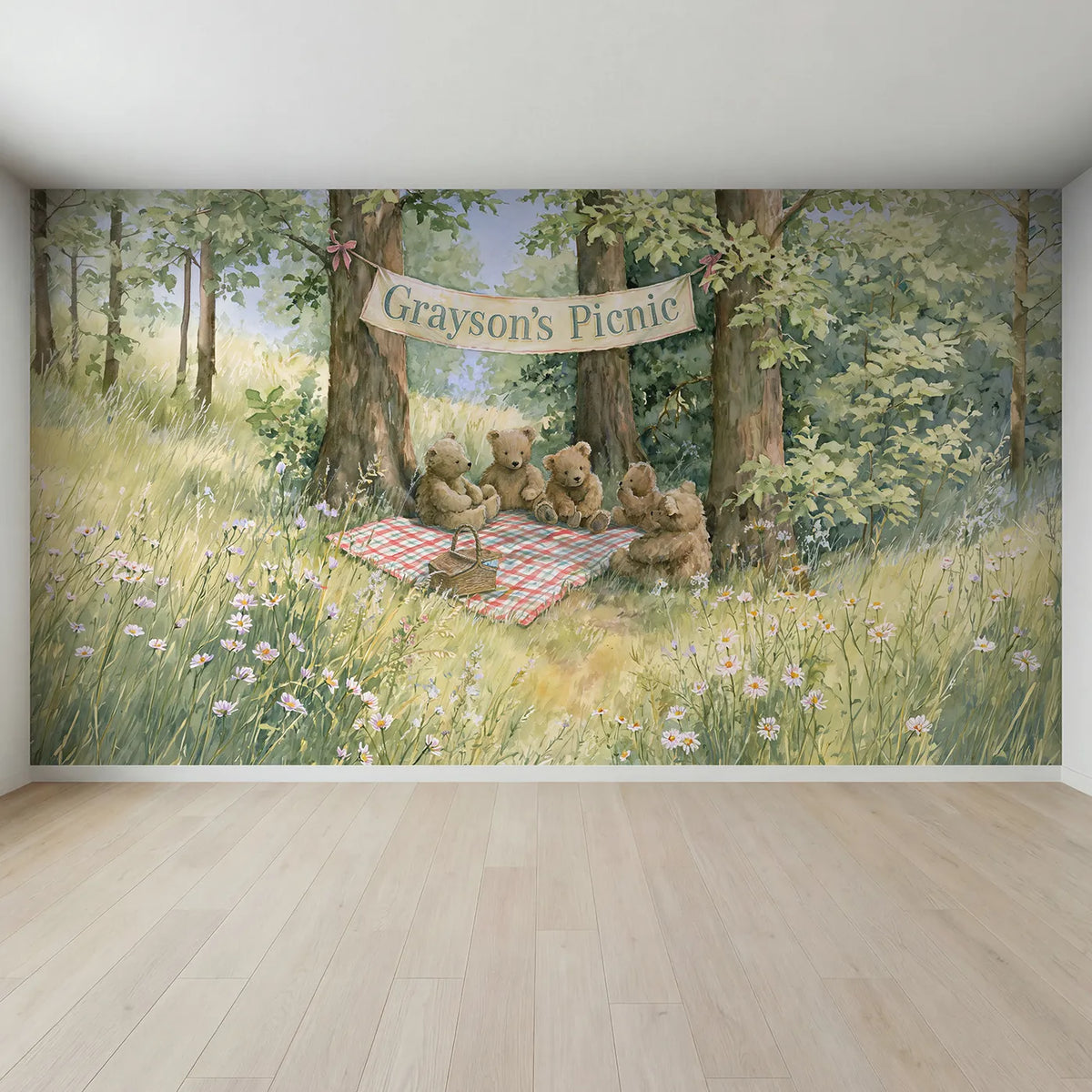 Full view of Teddy Bears Picnic Personalized Wall Mural by Whimsy Tots
