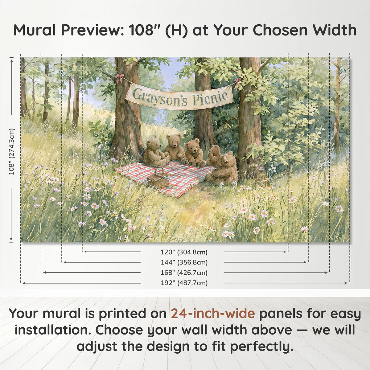 Panel layout and dimensions for Teddy Bears Picnic Personalized Wall Mural by Whimsy Tots