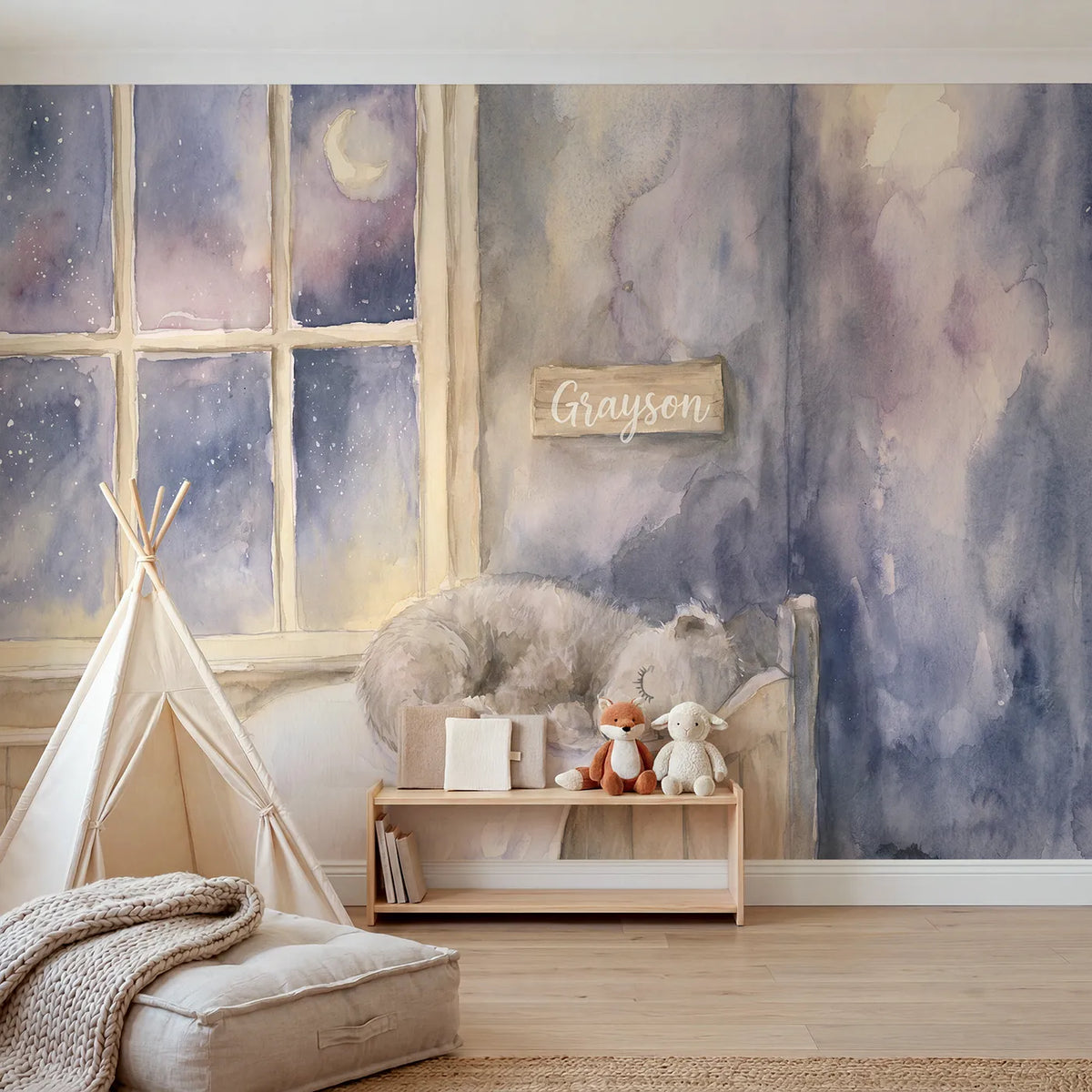 Watercolor sleeping bear personalized wall mural with name plaque for nursery by Whimsy Tots