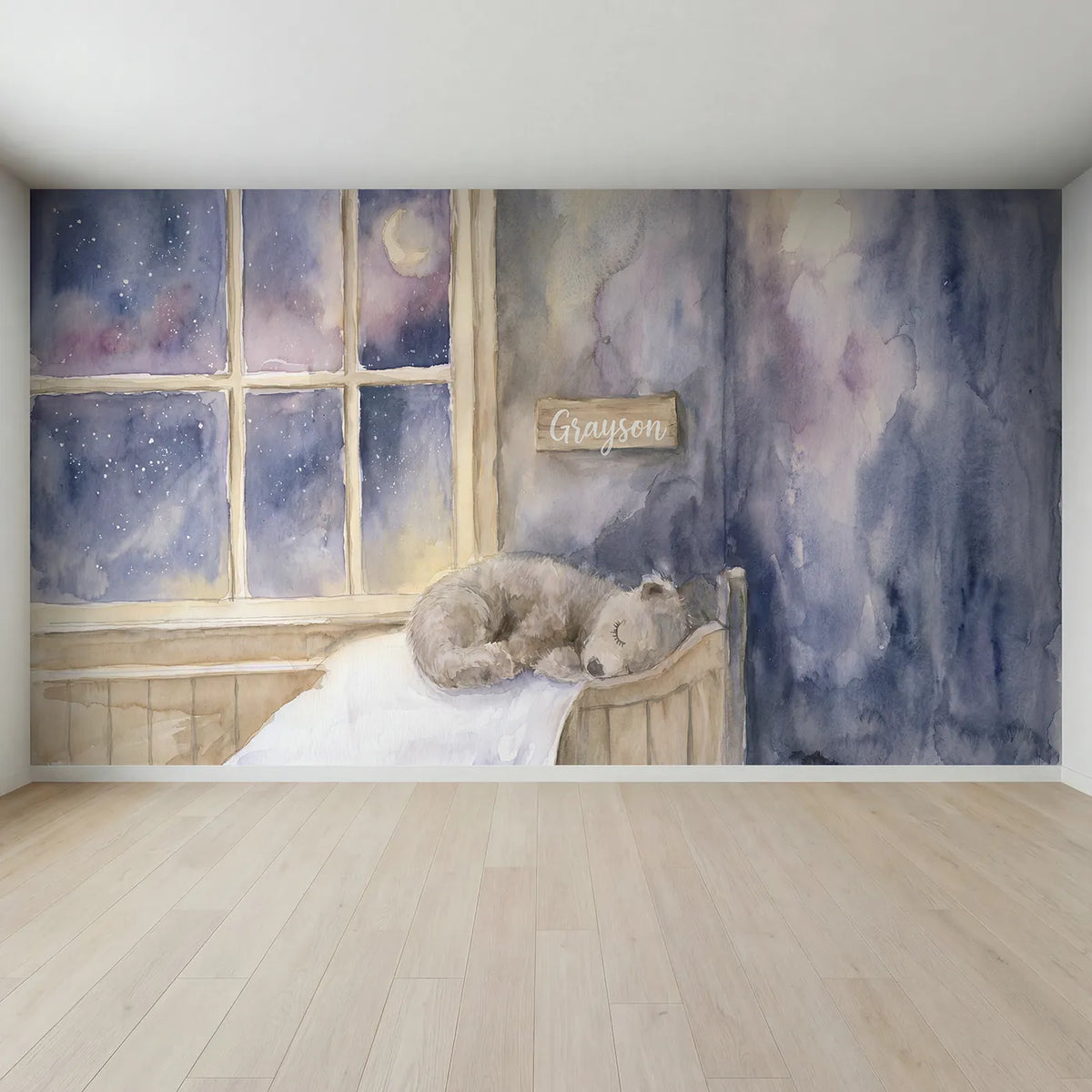 Full view of Bedtime Bear Dream Personalized Wall Mural by Whimsy Tots