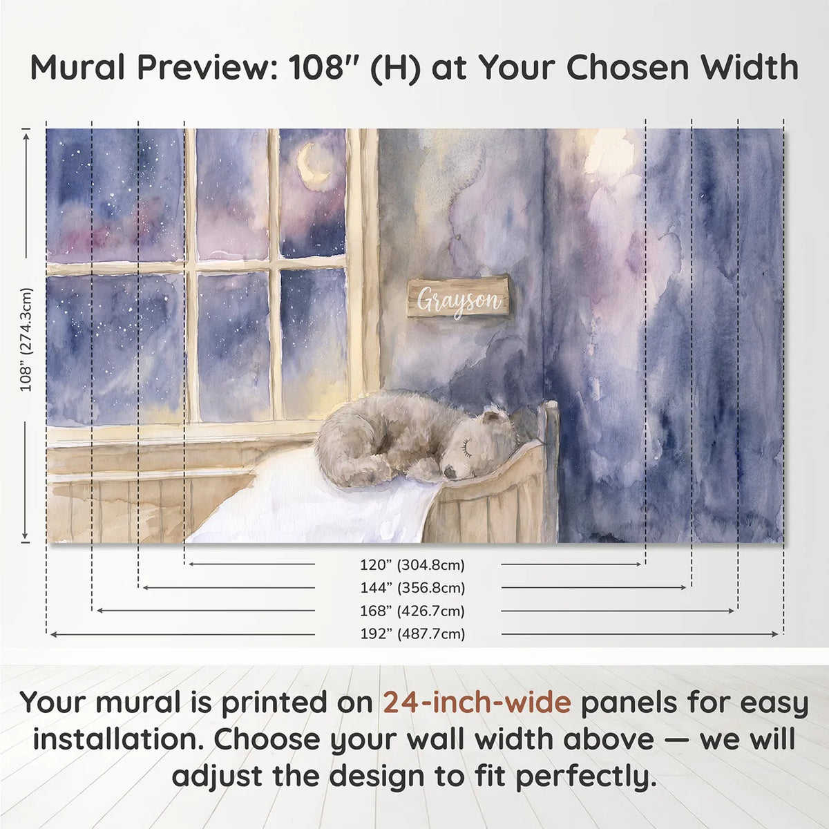 Panel layout and dimensions for Bedtime Bear Dream Personalized Wall Mural by Whimsy Tots