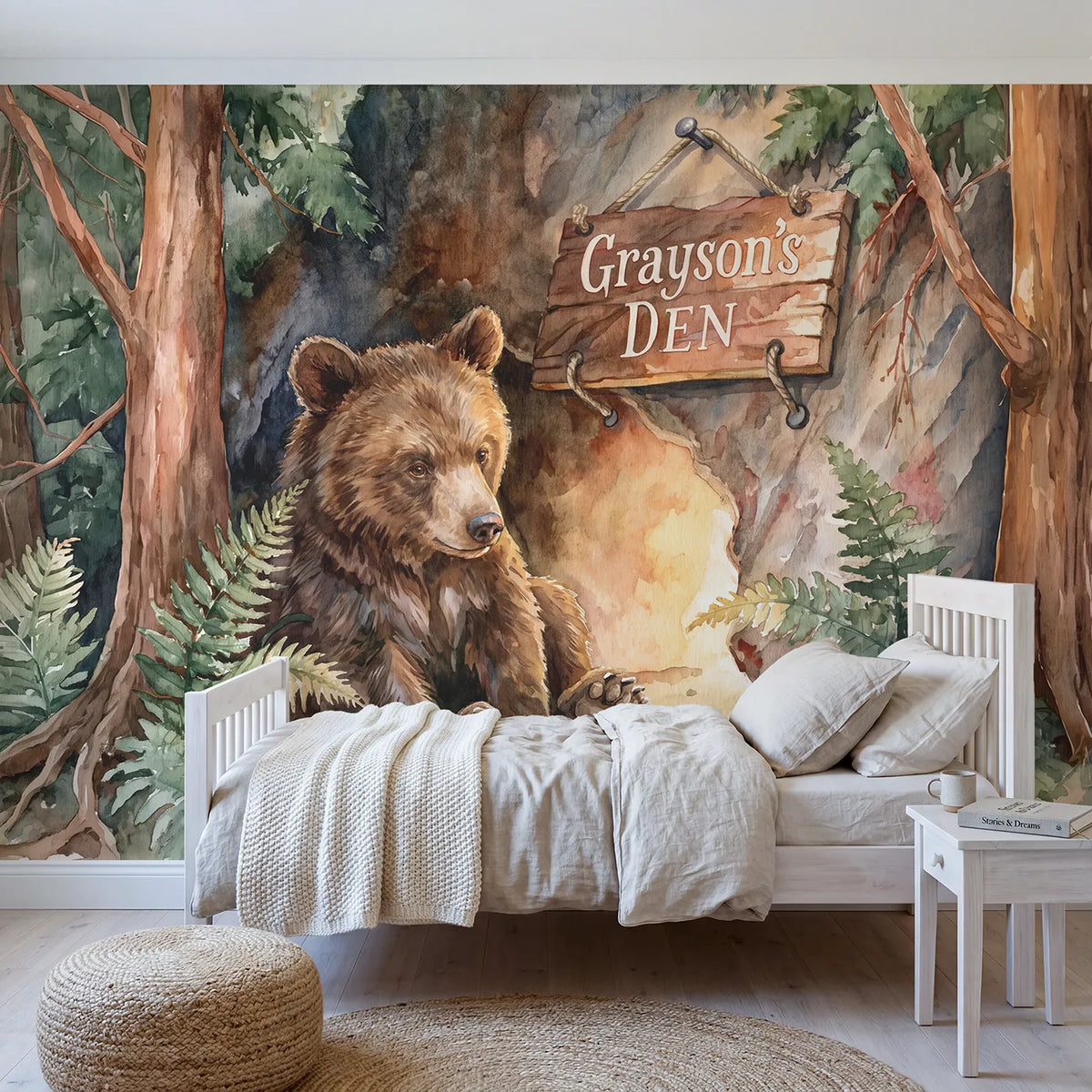 Watercolor bear cub den personalized wall mural with entrance name sign for kids room by Whimsy Tots