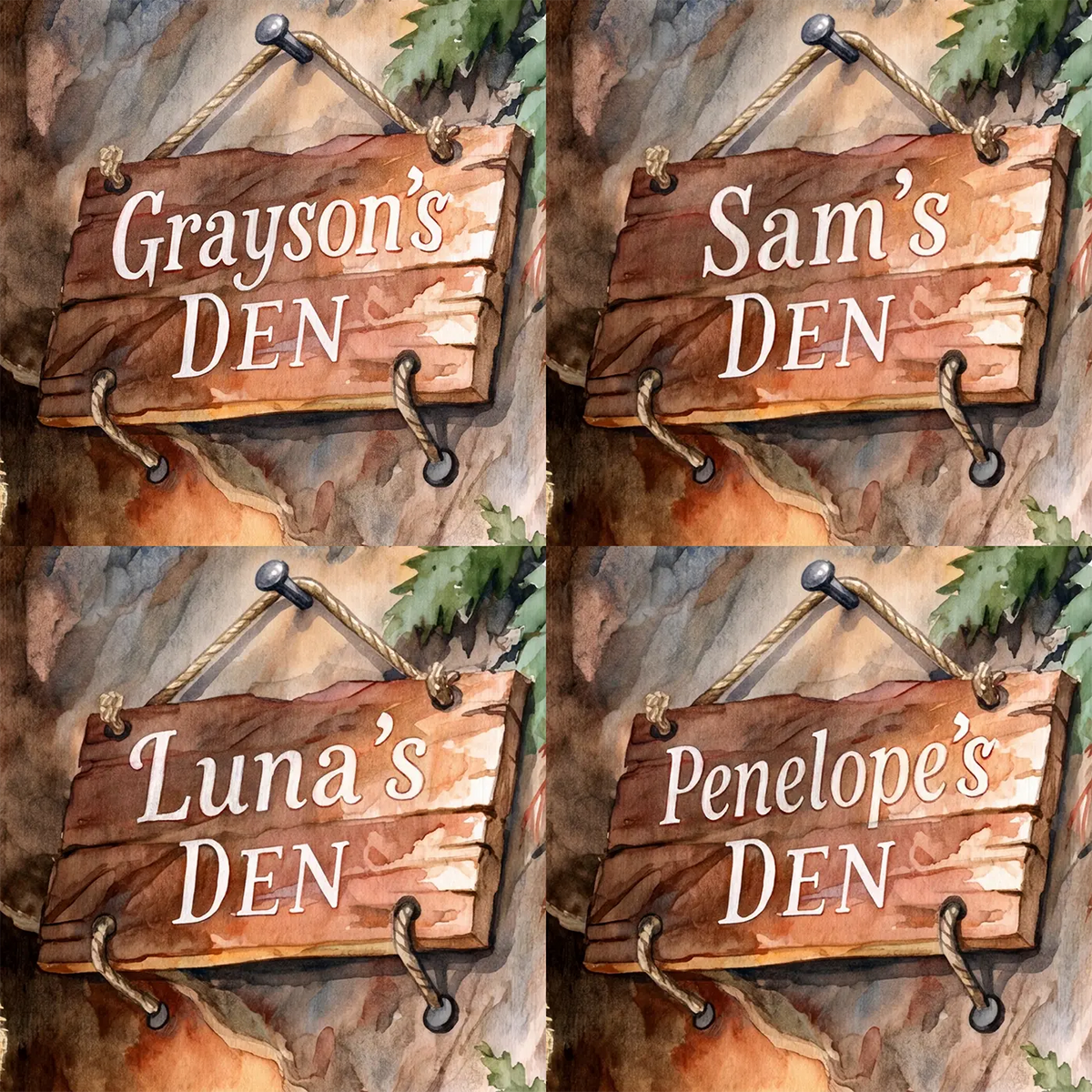 Four name preview examples of Cozy Bear Den Personalized Wall Mural by Whimsy Tots