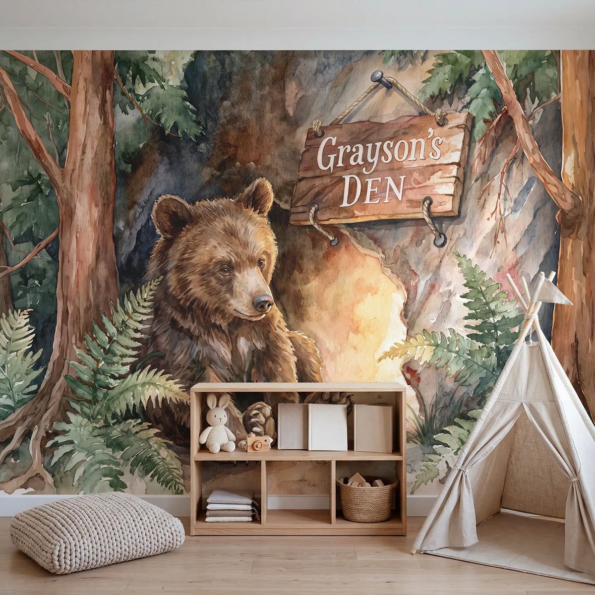 Cozy Bear Den Personalized Wall Mural in playroom setting by Whimsy Tots