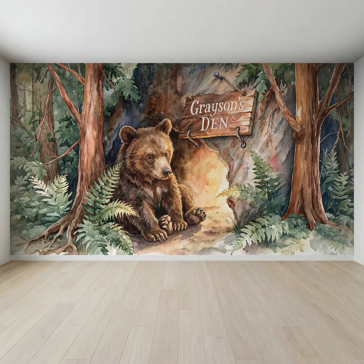 Full view of Cozy Bear Den Personalized Wall Mural by Whimsy Tots