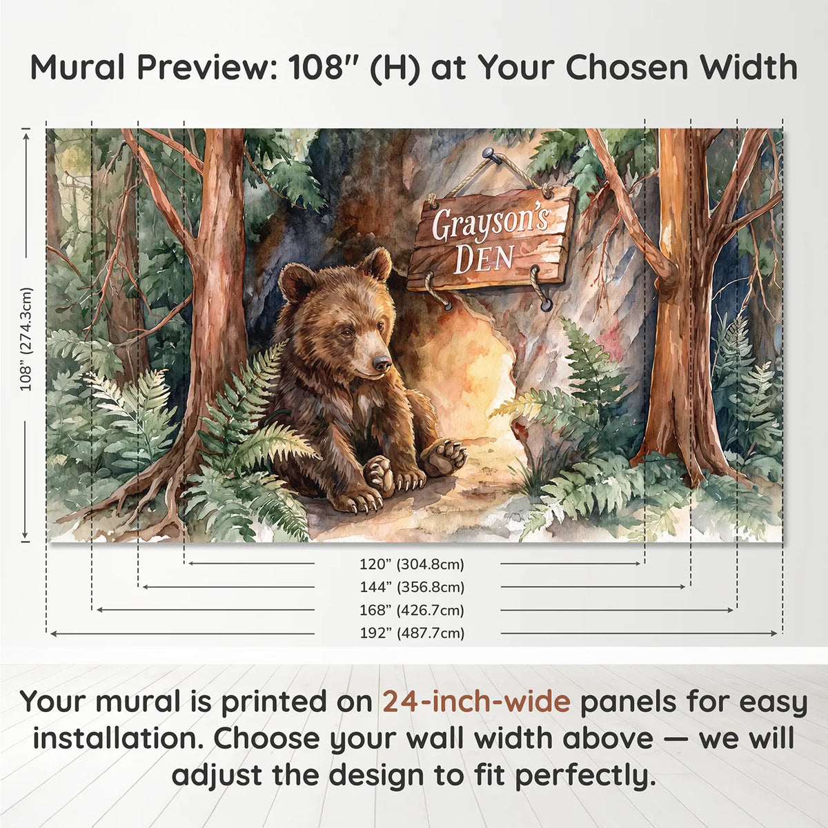 Panel layout and dimensions for Cozy Bear Den Personalized Wall Mural by Whimsy Tots