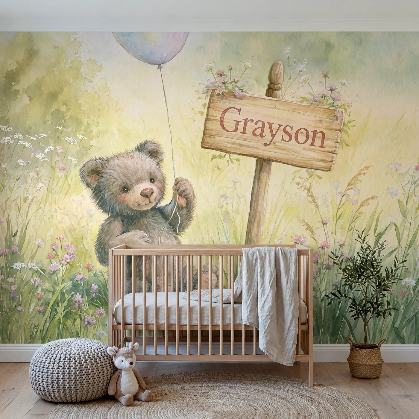 Storybook bear cub balloon personalized wall mural with meadow name sign for nursery by Whimsy Tots