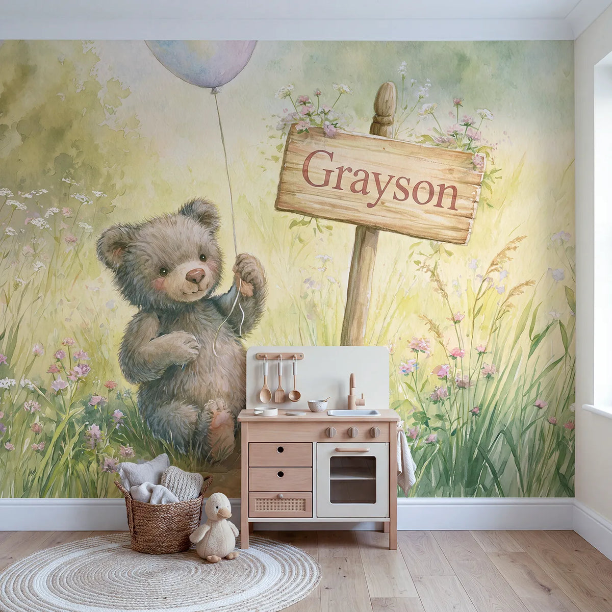 Bear Cub Balloon Personalized Wall Mural in playroom setting by Whimsy Tots