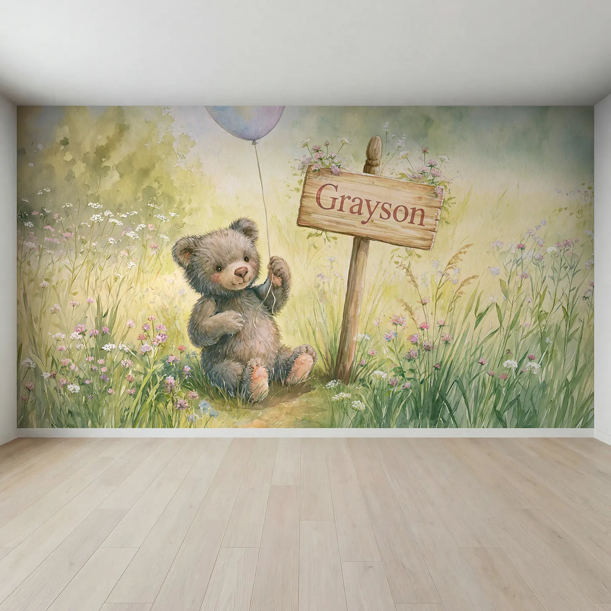 Full view of Bear Cub Balloon Personalized Wall Mural by Whimsy Tots