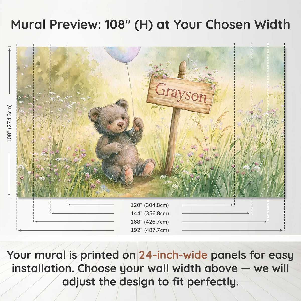 Panel layout and dimensions for Bear Cub Balloon Personalized Wall Mural by Whimsy Tots
