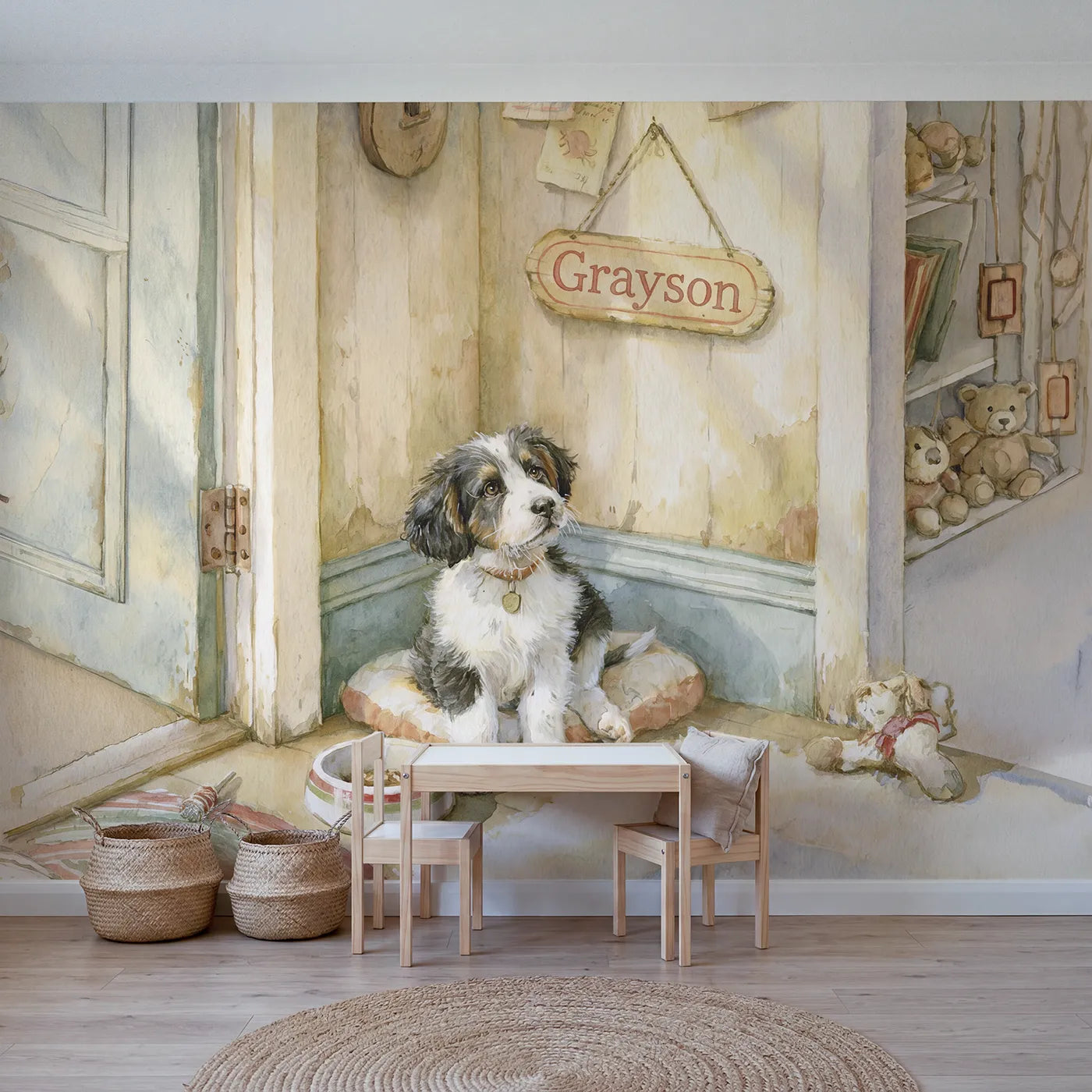 Storybook puppy cozy corner personalized wall mural with name sign for nursery by Whimsy Tots