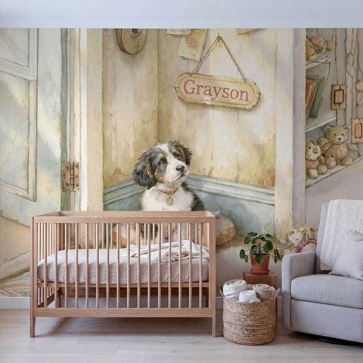 Happy Puppy Bowl Personalized Wall Mural in playroom setting by Whimsy Tots