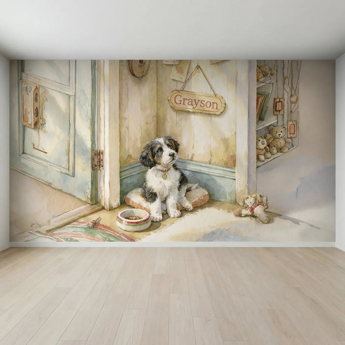 Full view of Happy Puppy Bowl Personalized Wall Mural by Whimsy Tots