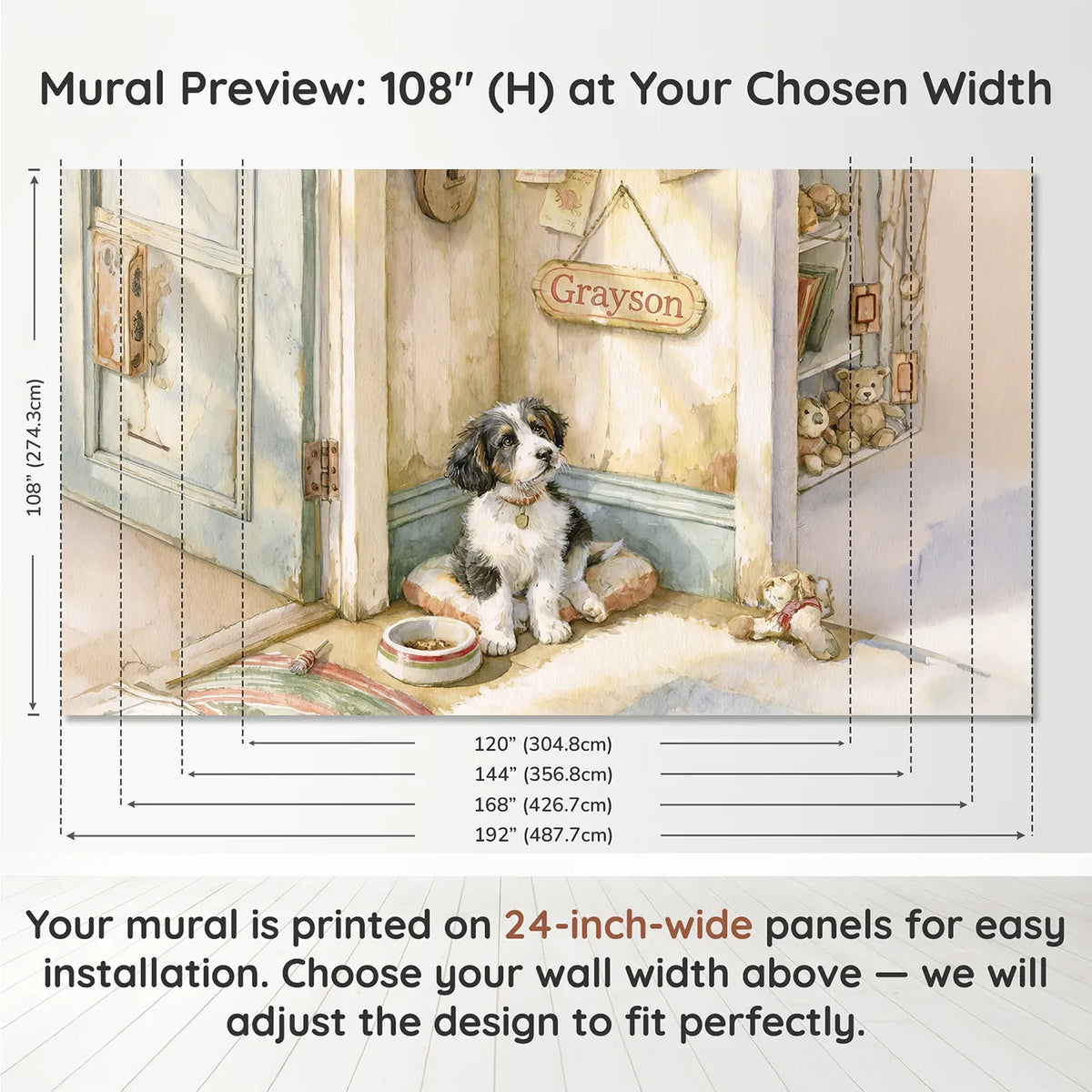 Panel layout and dimensions for Happy Puppy Bowl Personalized Wall Mural by Whimsy Tots