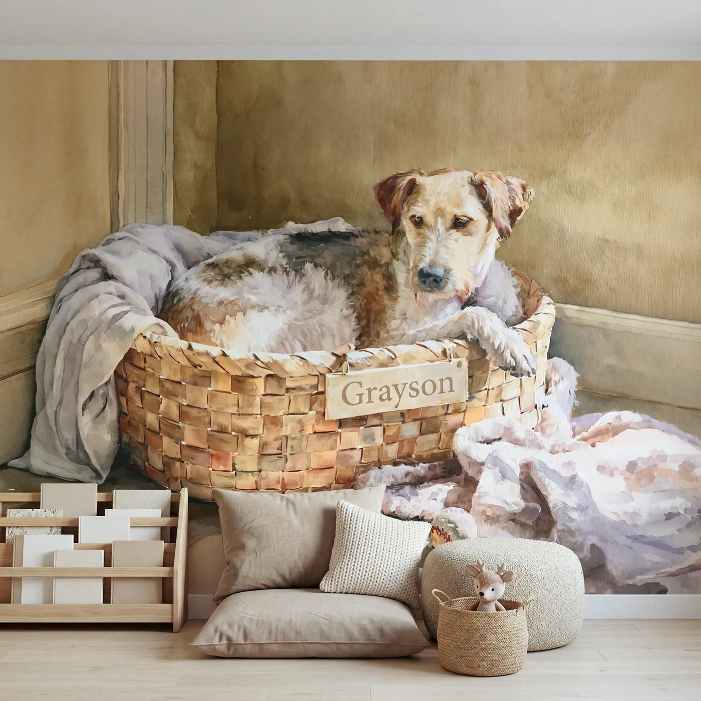 Watercolor dog in basket personalized wall mural with nameplate for toddler room by Whimsy Tots