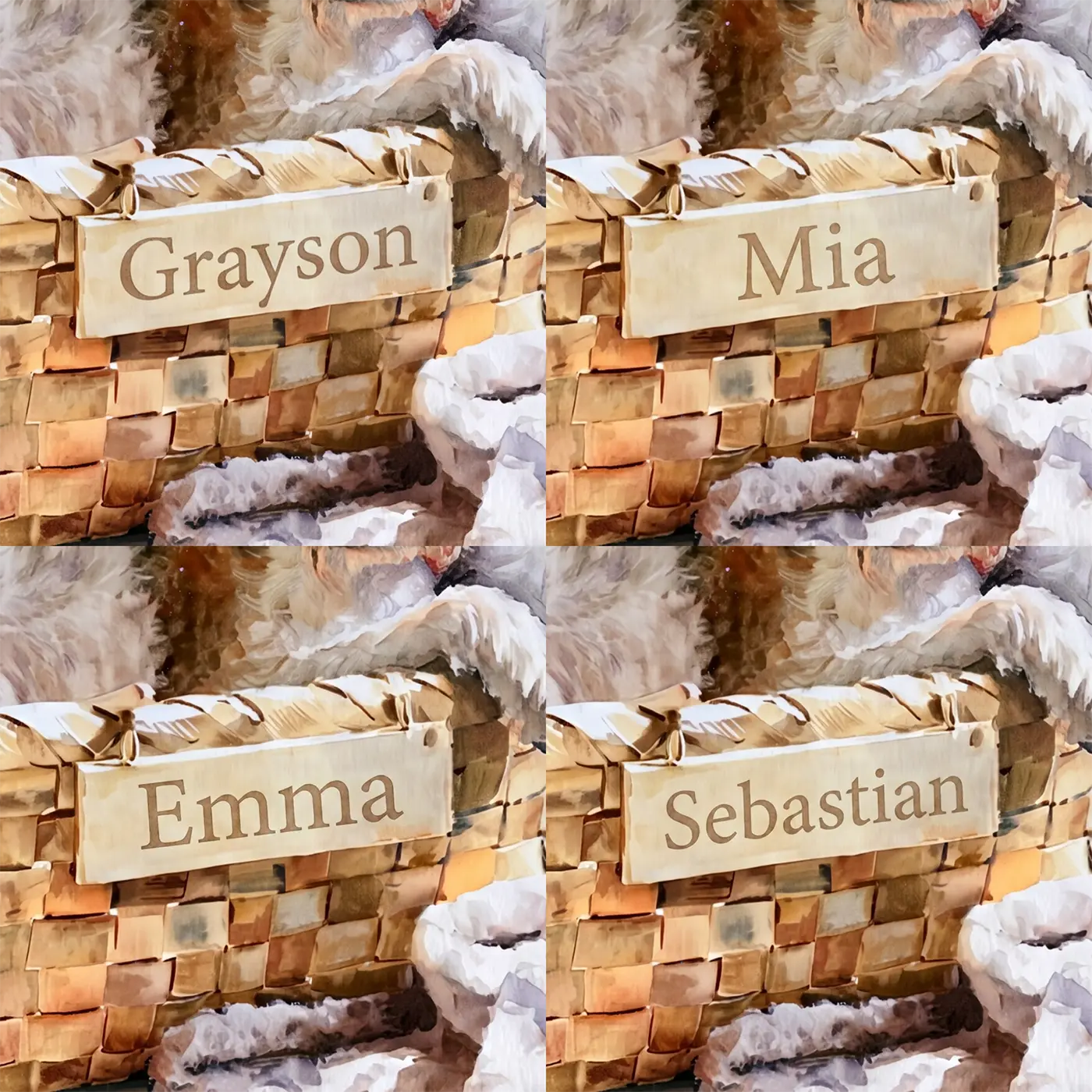 Four name preview examples of Cozy Dog Basket Personalized Wall Mural by Whimsy Tots