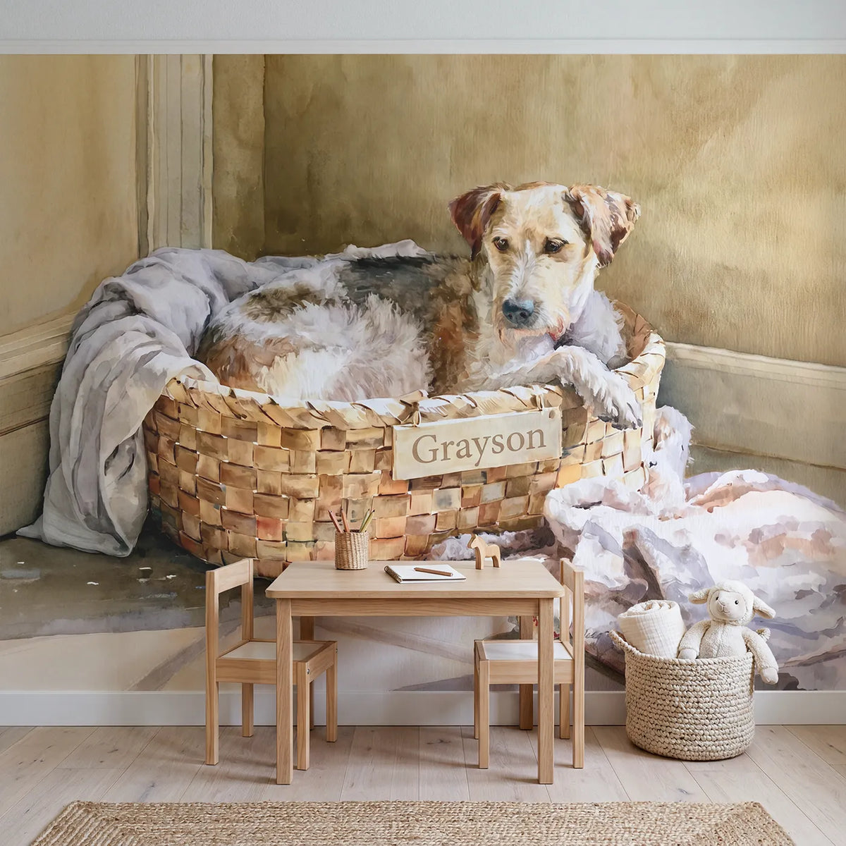 Cozy Dog Basket Personalized Wall Mural in playroom setting by Whimsy Tots