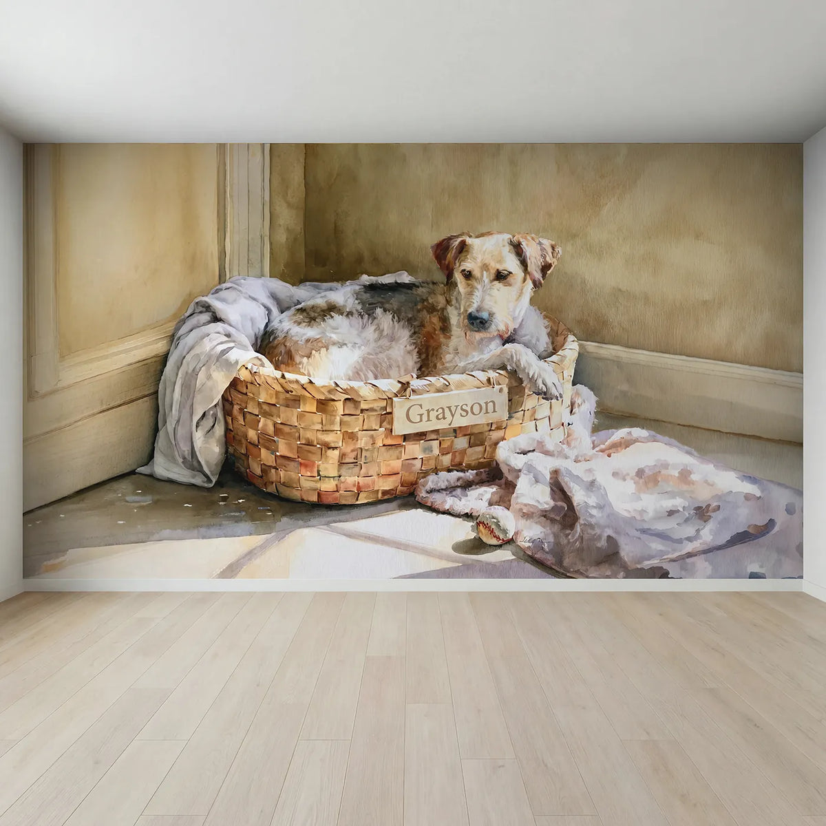Full view of Cozy Dog Basket Personalized Wall Mural by Whimsy Tots