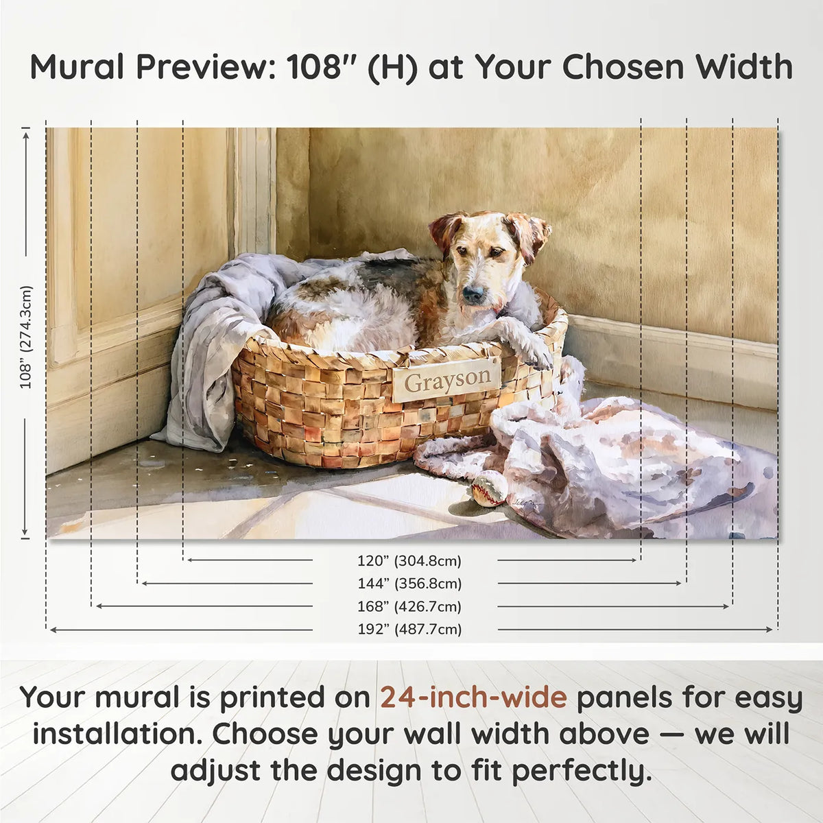 Panel layout and dimensions for Cozy Dog Basket Personalized Wall Mural by Whimsy Tots