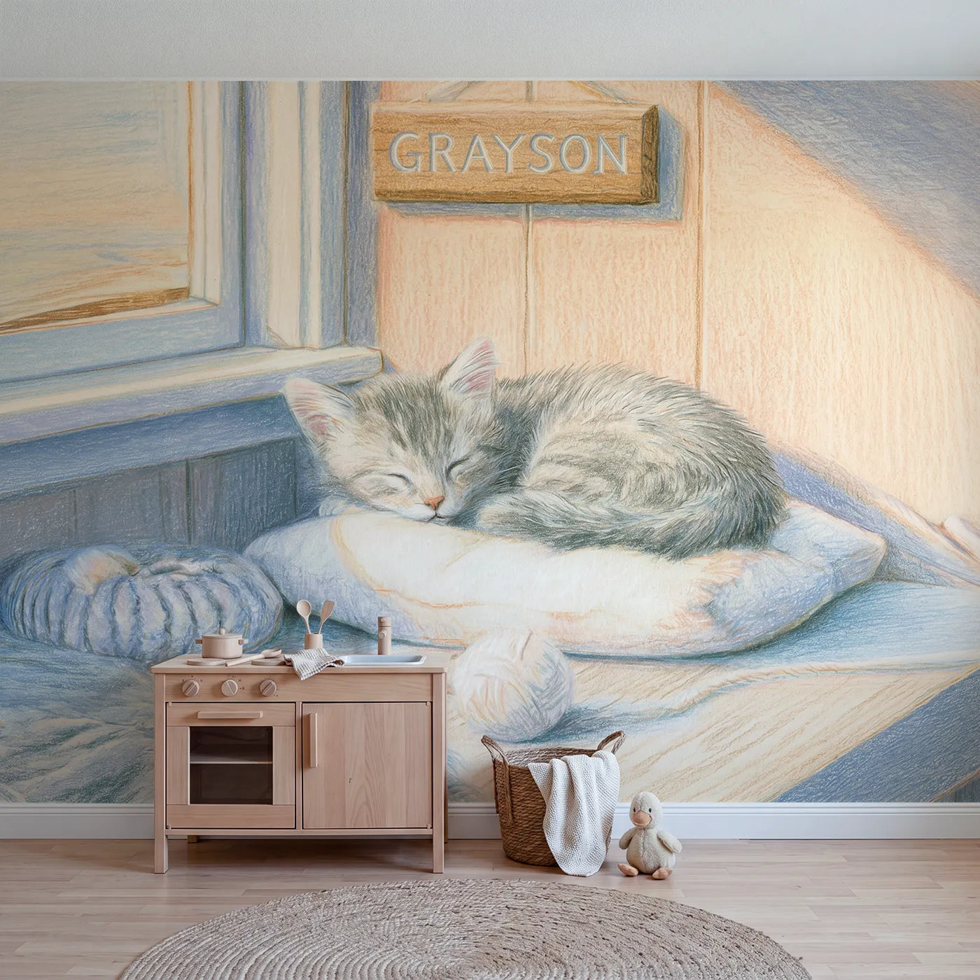 Colored pencil kitten window seat personalized wall mural with name plaque by Whimsy Tots